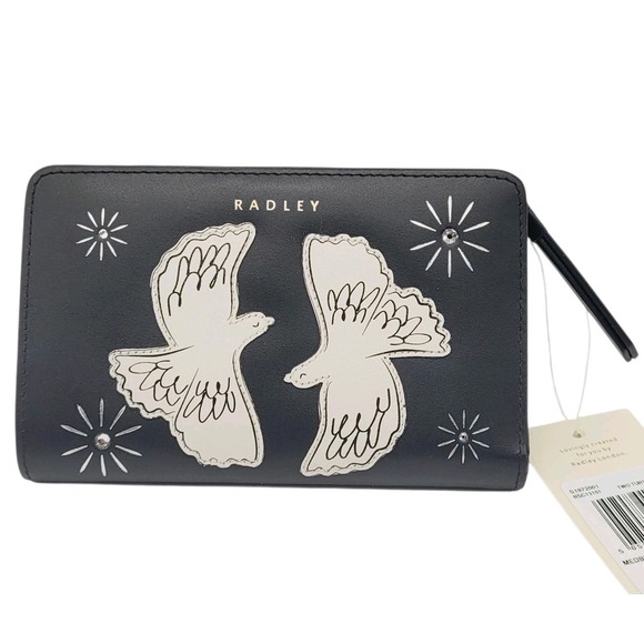 RADLEY London Leather Bifold Wallet Two Turtle Doves Medium Purse Black NWT - Picture 1 of 7